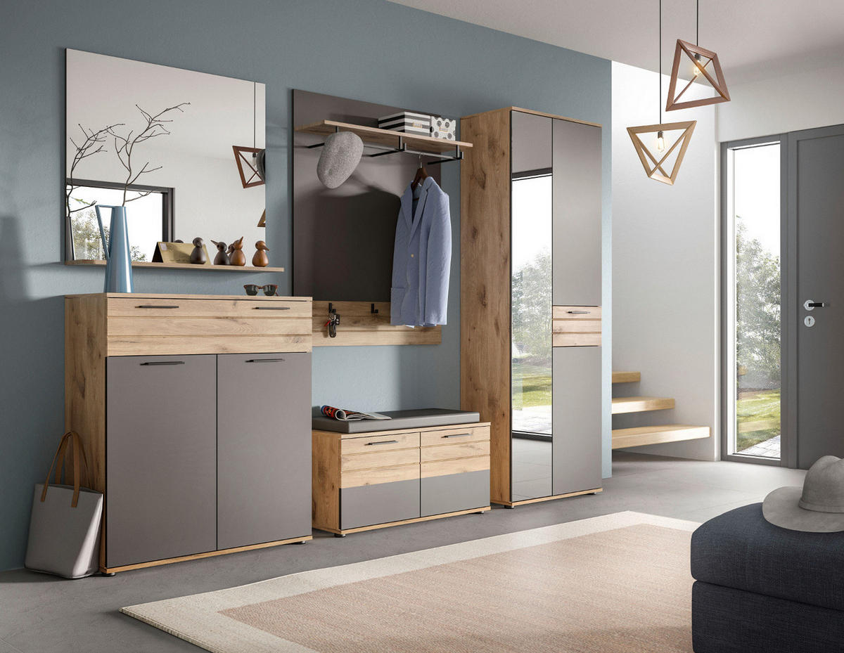 GARDEROBEN-SET Eiche, grau 5-teilig 280 cm mit Soft-Close - Eichefarben/Schwarz, Glas/Holzwerkstoff (195/200/37cm) - Inn.Furn