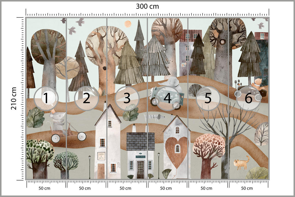 FOTOTAPETE für Kinderzimmer Fantastische Stadt Häuser Wald Tiere Autos 300x210 - Beige/Braun, Papier (300/210cm) - Muralo