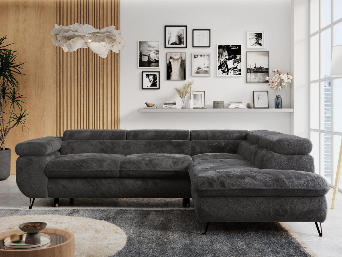 ECKSOFA PETER L Anthrazit Plüsch - Rechts Seite - Anthrazit/Schwarz, Textil/Metall (273/208cm) - MKS