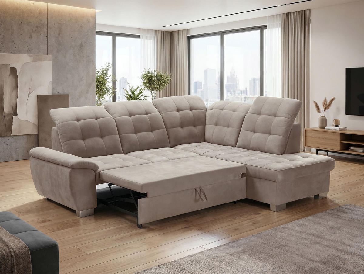 ECKSOFA LENO Rechts, mit Schlaffunktion und Bettkasten, Beige - Beige, Kunststoff/Textil (261/220cm) - Idohome