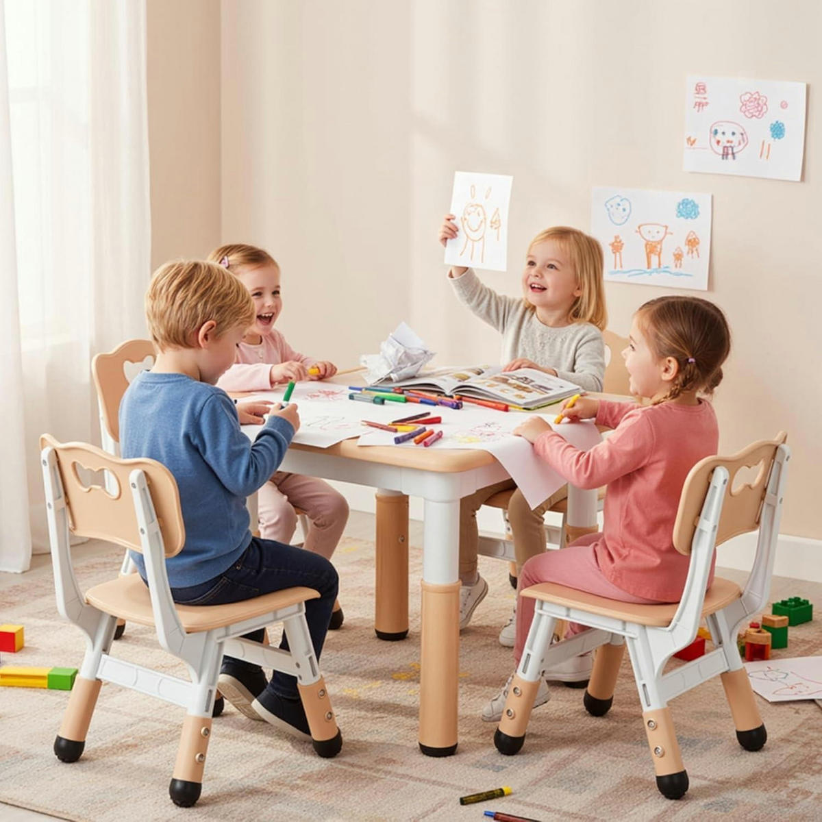 KINDERTISCH mit 4 Stühlen 5-teiliges Set Höhenverstellbar Gelb 60 cm - Multicolor, Kunststoff (60/60/60cm)