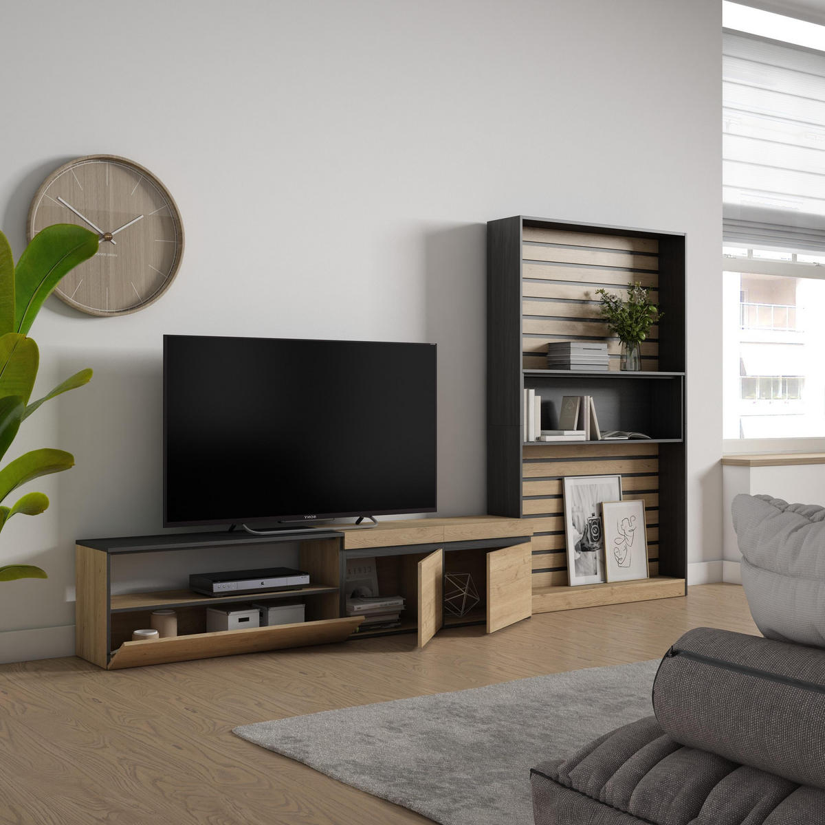 WOHNWAND Wohnzimmer, eiche, schwarz, 310/35/186cm - Eichefarben/Beige, Holzwerkstoff (310/186/35cm) - Skraut Home