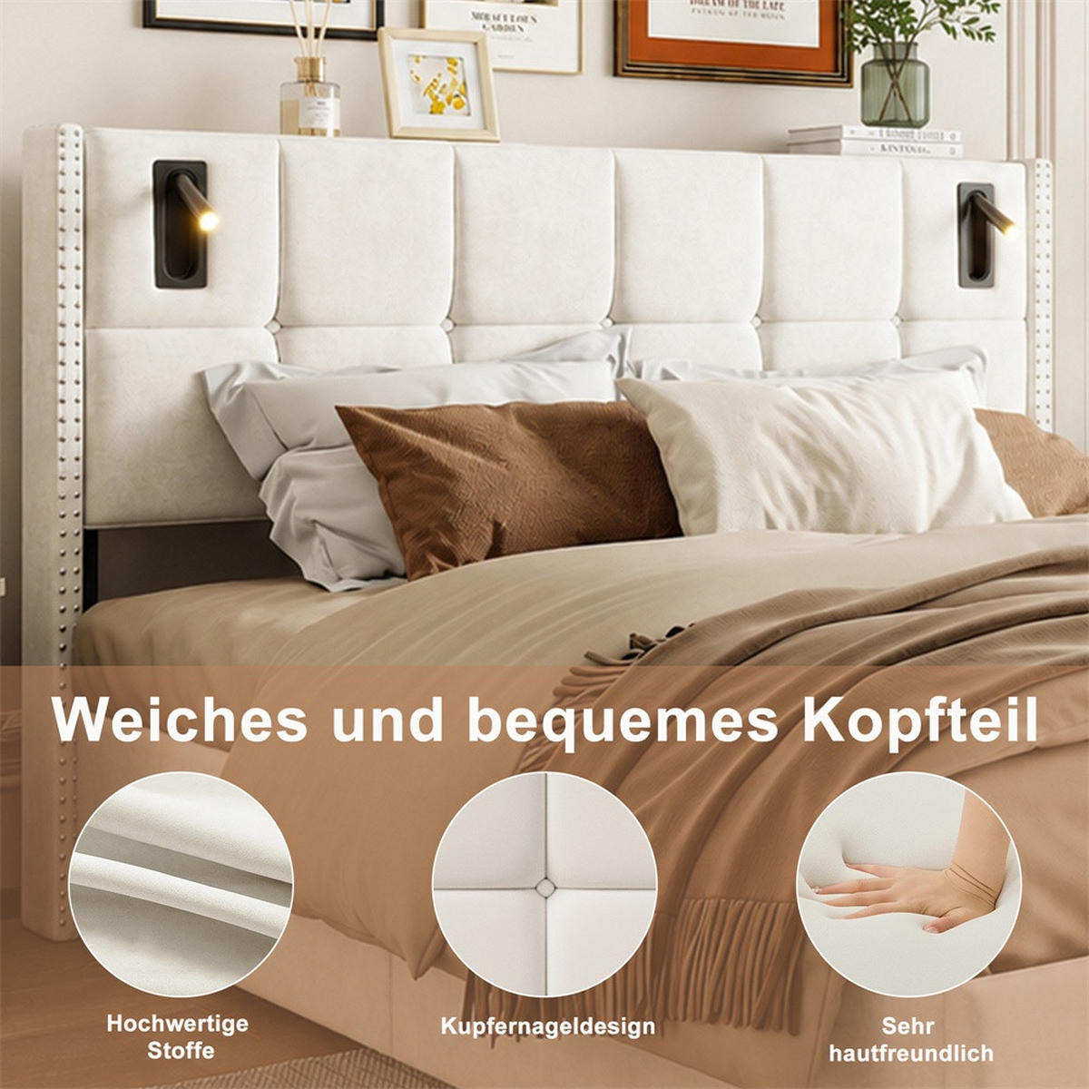POLSTERBETT 140x200 cm - mit integrierten LED-Leseleuchten und hydraulischer Hebefunktion - ohne Matratze - Beige - Beige, Textil (140/200cm) - DELFA