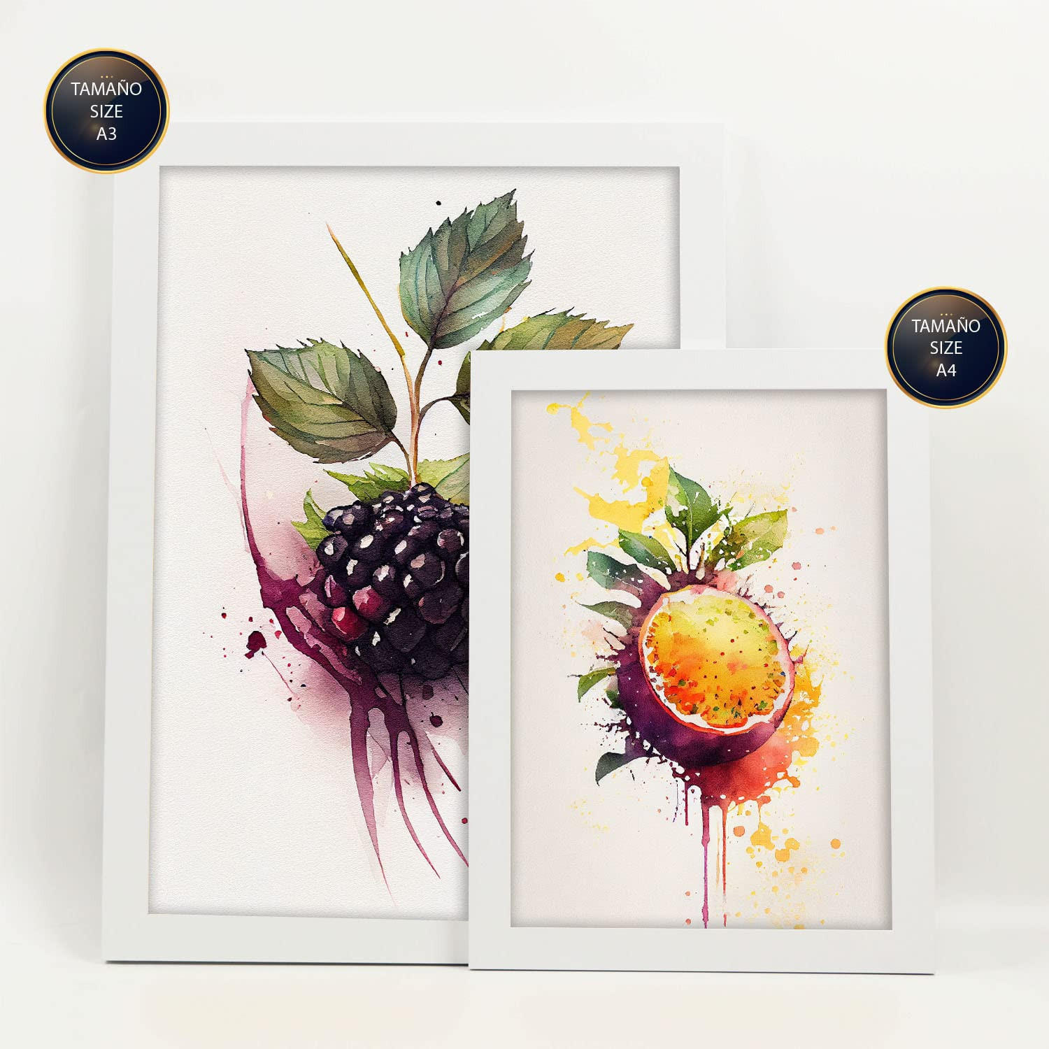 POSTER Set Mit 6 Beeren & Pfirsiche Plakate Von Obst Gemüse & Gesunden Lebensmitteln Im Aquarell Kunst Auf Reinweißen A3 & A4 Weißer Rahmen - Weiß, Papier (29/3cm) - Nacnic