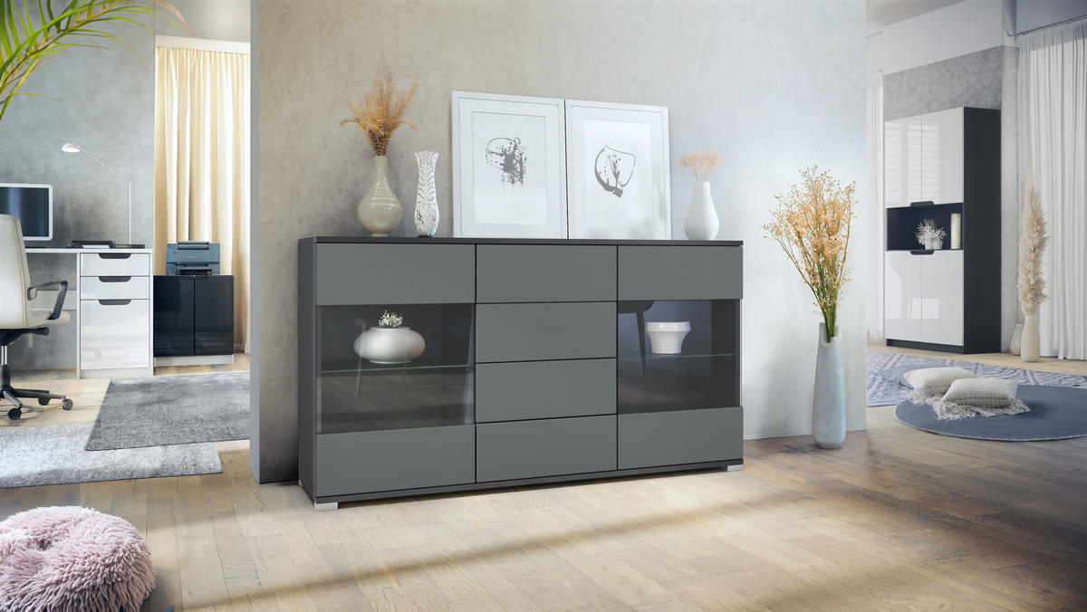 SIDEBOARD Bari Graphit Seidenmatt - Graphitfarben, Holzwerkstoff (138.5/75.5/35cm) - Vladon