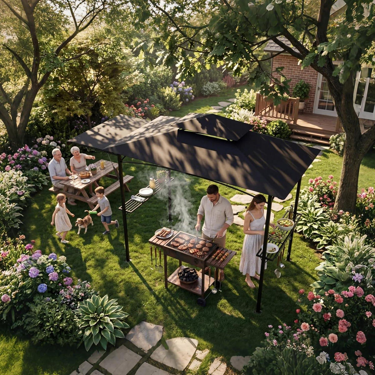 GRILLPAVILLON mit Seitenmarkise und Ablagen Schwarz - Schwarz, Metall (123/253/201cm)