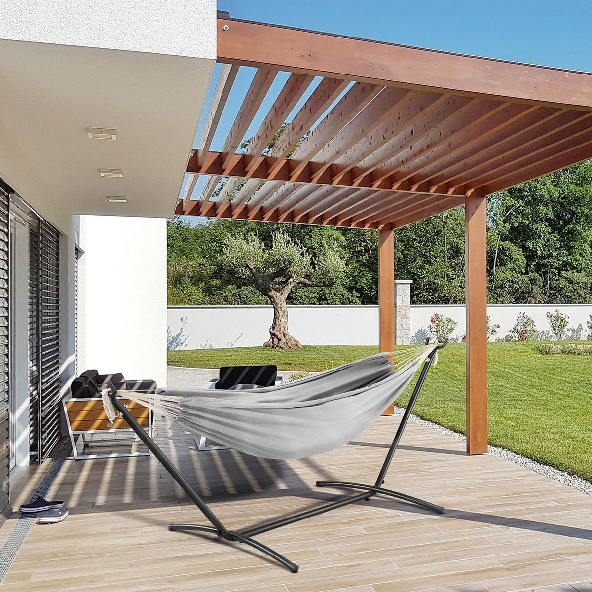 HÄNGEMATTE Paya hellgrau 281x107x96 cm - Hellgrau, Textil/Metall (109/101/279cm) - Juskys