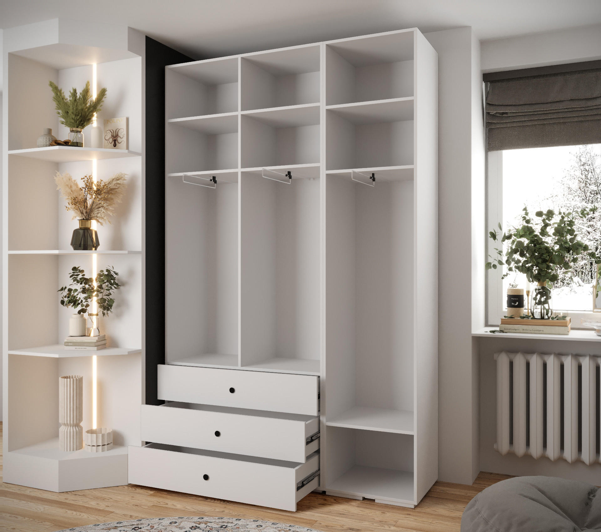 Thumbnail - Abiks Möbel Garderoben-Set, Weiß, Schwarz, Kunststoff, Nachbildung, 7 Fächer, 150x236.7x47 cm, Garderobe, Garderobenschr...