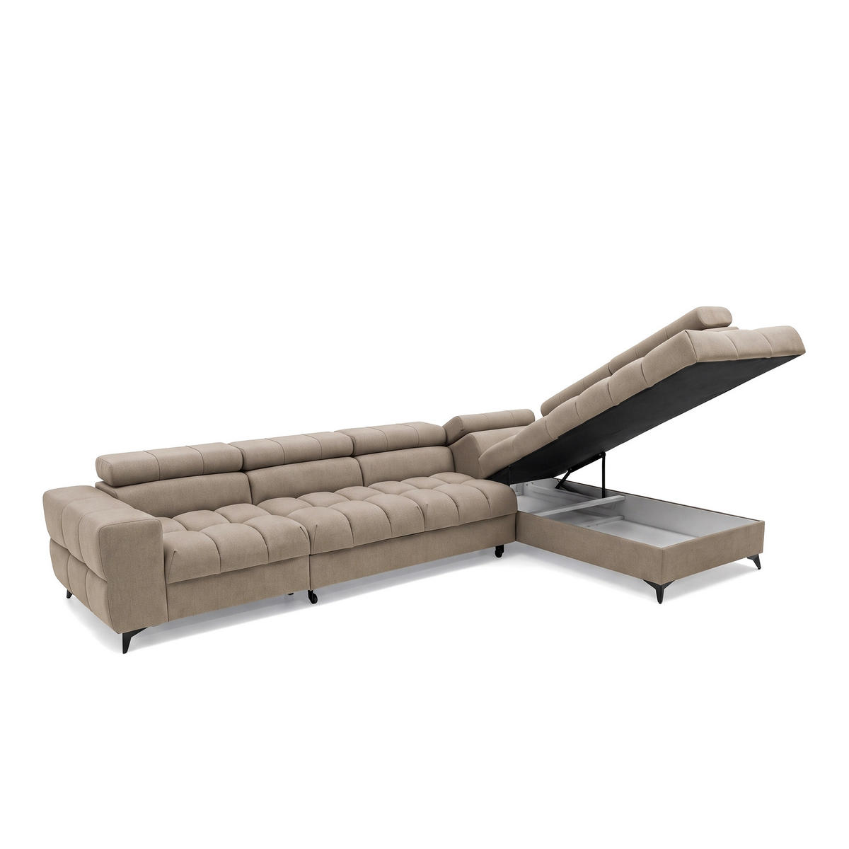 ECKSOFA PUDDING MAXI L Rechts mit Schlaffunktion 125x195 Velours Beige - Beige/Schwarz, Holz/Textil (350/203cm) - Muffo