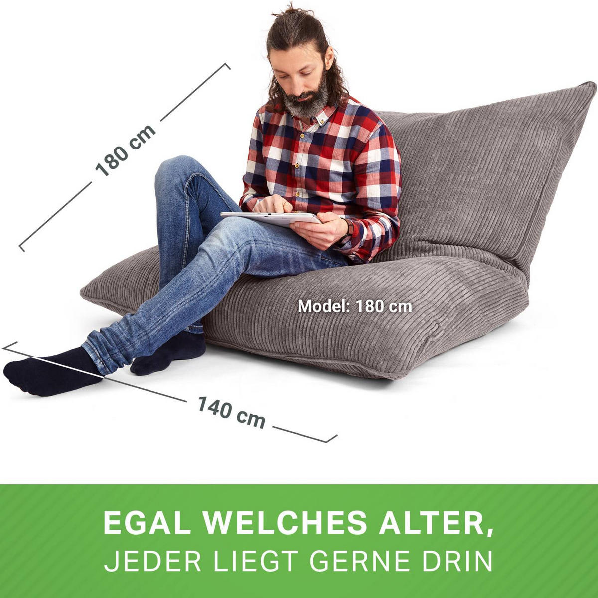 SITZSACK XXL "Square" aus Cord – 370 L - Grau, Textil (140/25/180cm) - Green Bean