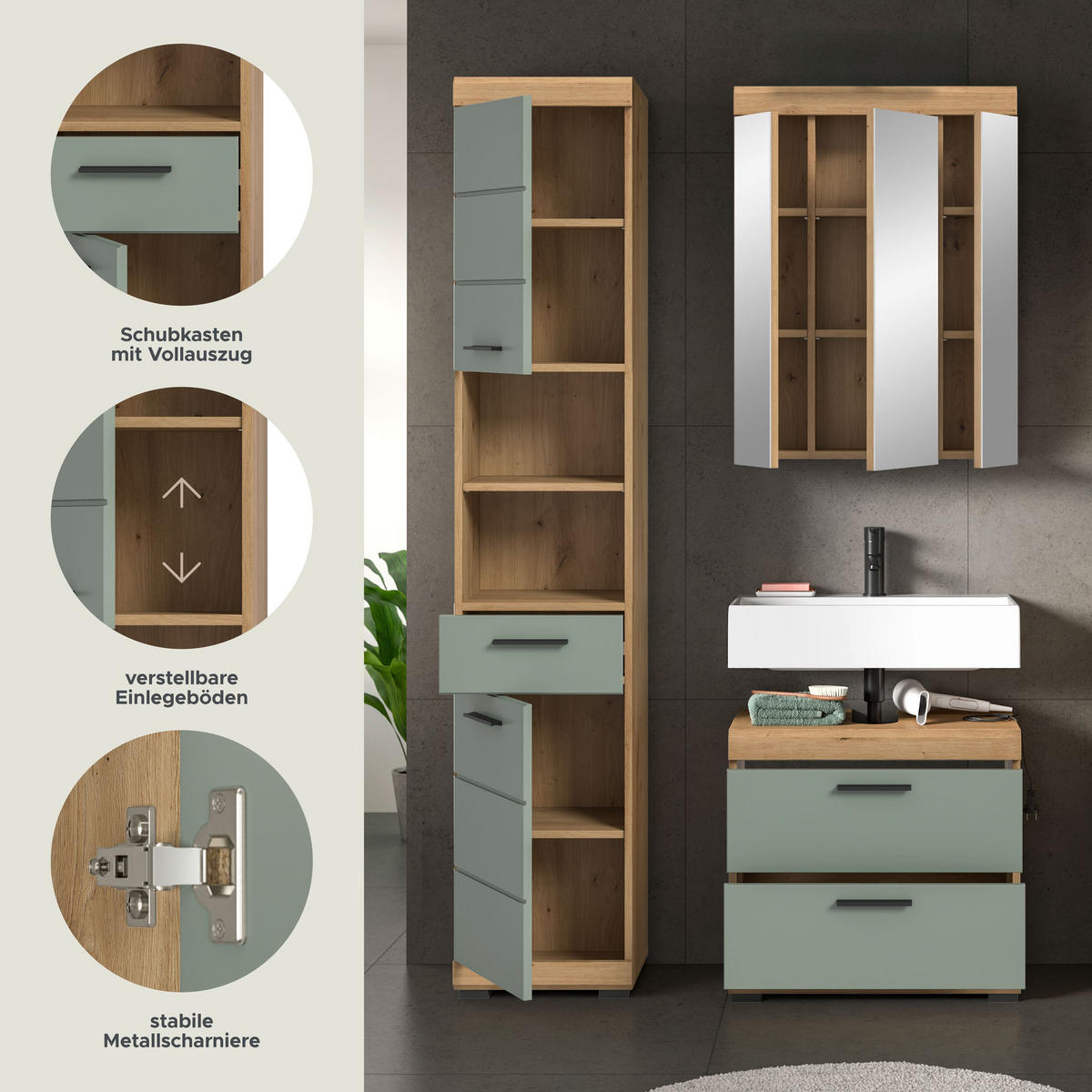 BADKOMBINATION 3tlg. Scout Bad in Artisan Eiche Nachbildung und Salbei Nachbildung B/H/T: 112x191x34 cm - Eiche Artisan, Holz (112/191/37cm)