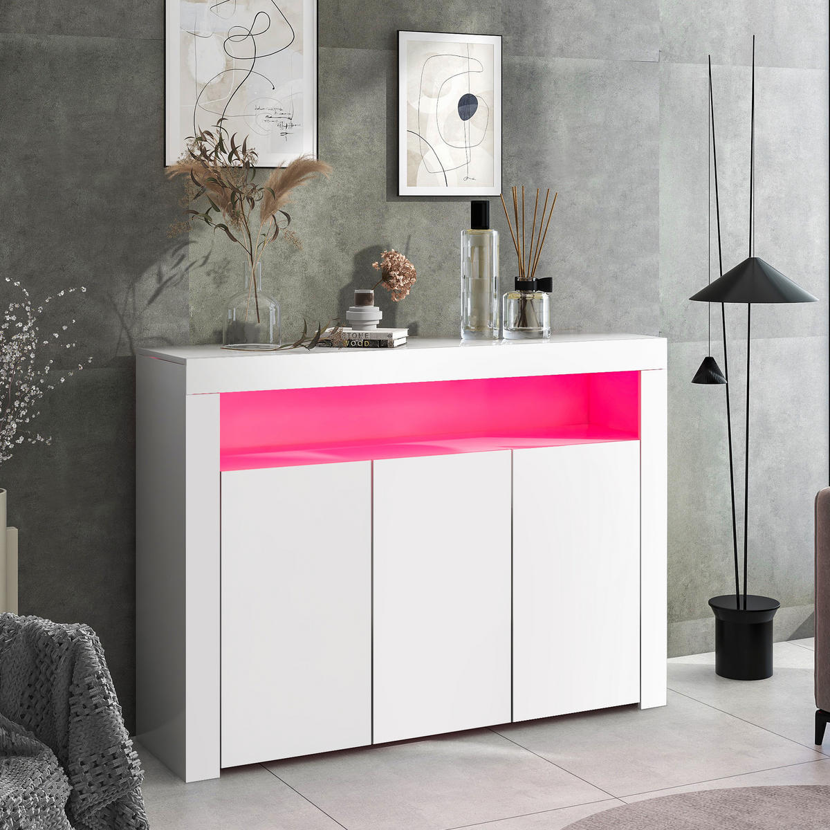SIDEBOARD, 3 Türen, LED, Hochglanz, Weiß - Weiß, Holzwerkstoff (35/95/130cm) - FLIEKS