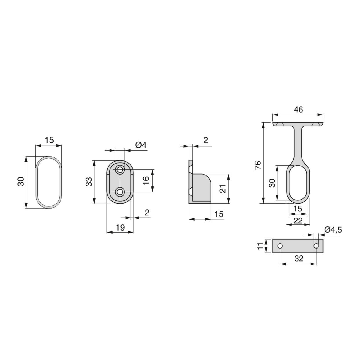 KORPUSSCHIENEN Ovale, 30x15mm, Länge 0,75m mit Halterungen, Stahl und Zamak, Verchromt 2er-set - Chromfarben, Metall (75cm) - EMUCA