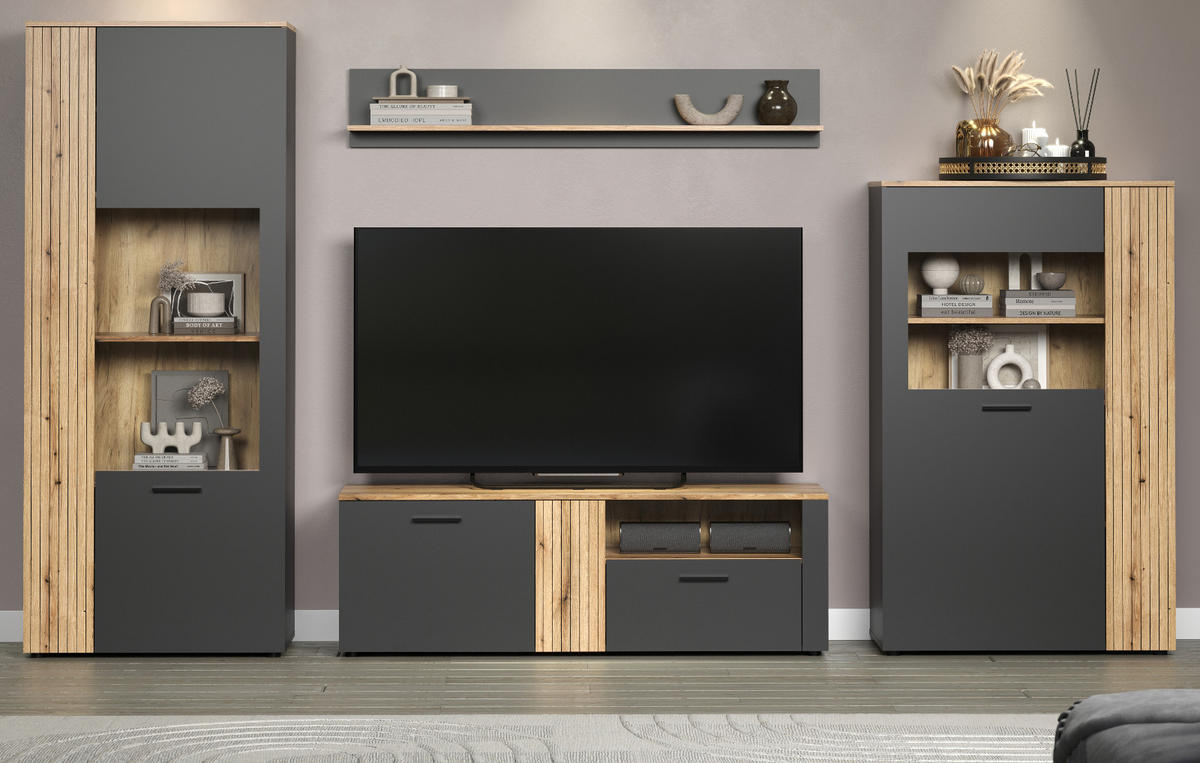 WOHNWAND grau, Evoke Eiche 4-teilig 340 cm, Schrankwand in modernem Design - Eichefarben/Anthrazit, Holzwerkstoff/Kunststoff (150/25/18cm) - Top.Furn
