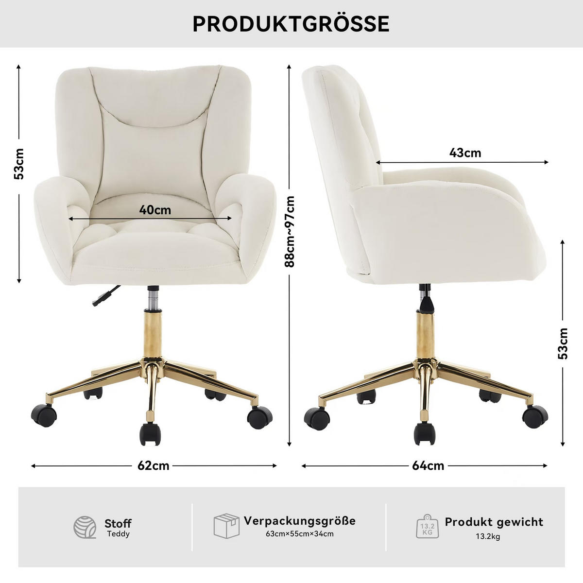 BÜROSTUHL Elfenbein Höhenverstellbar - Creme, Metall (64/92.5/62cm) - PANGIVO
