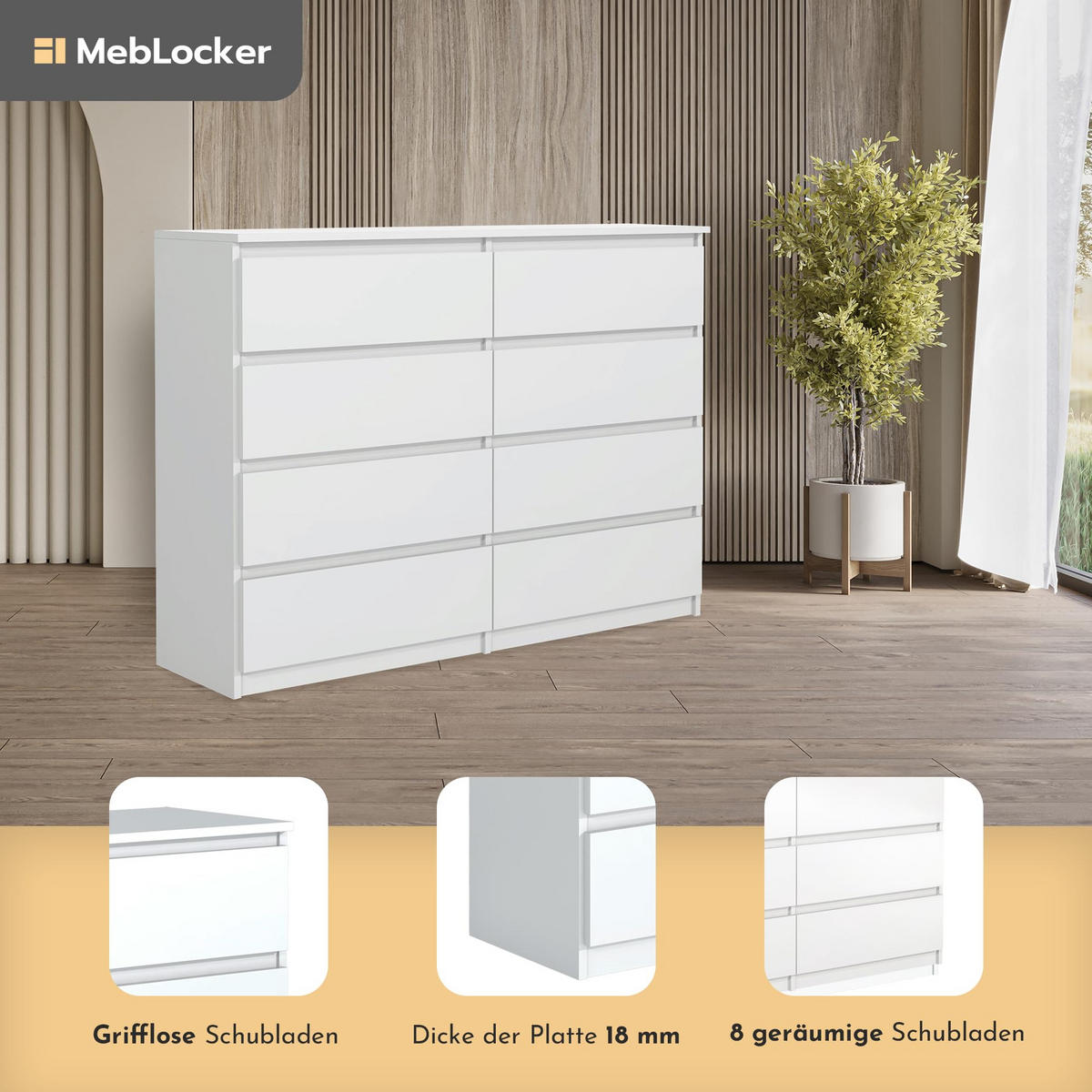 KOMMODE mit 8 Schubladen 140 cm Weiß - Weiß, Holzwerkstoff (138.5/101.5/39cm) - MebLocker