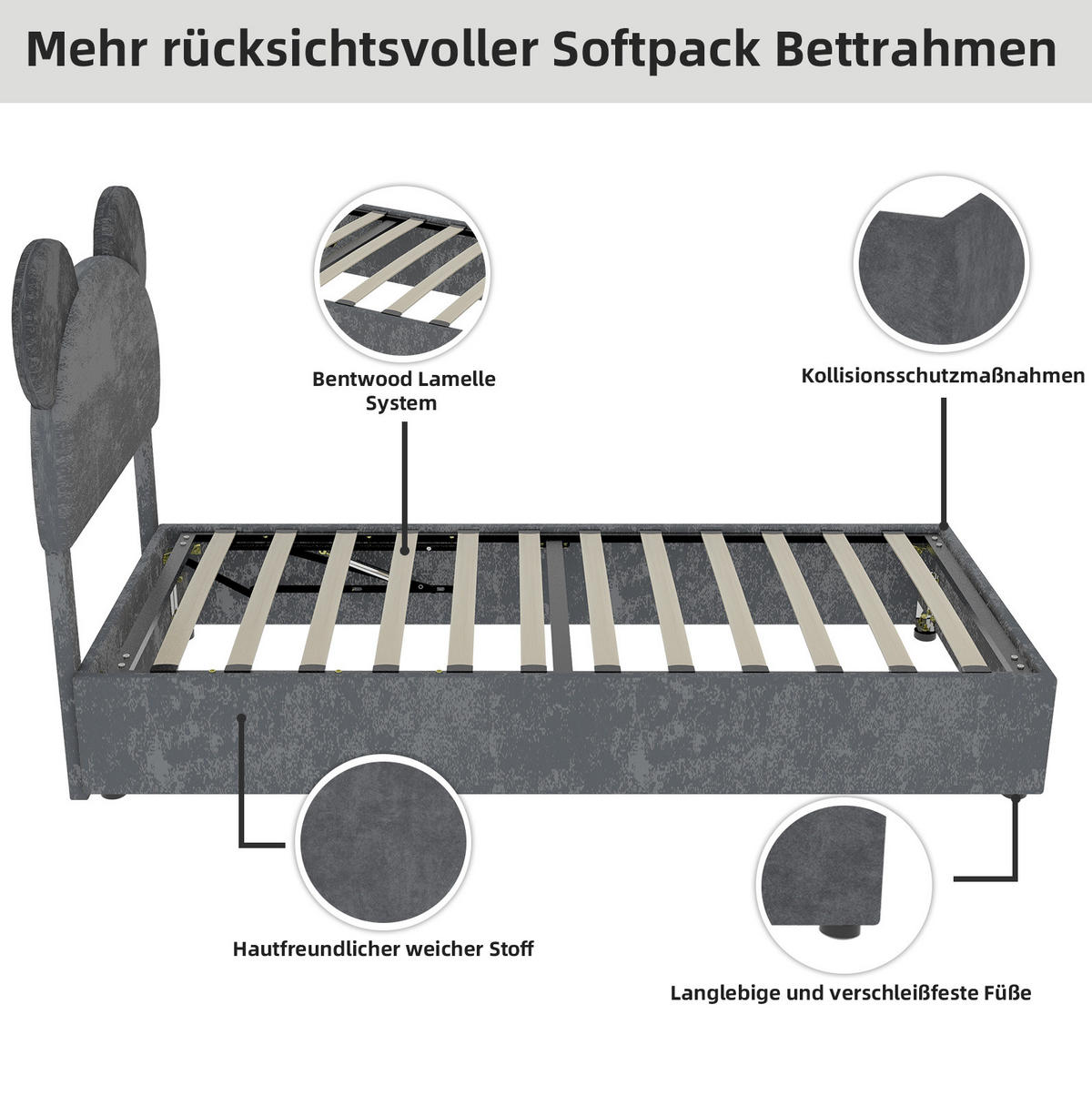 KINDERBETT 90/200 cm mit Cartoon-Kopfteil, Bettkasten mit Gaslift und Stoffbezug, Grau - Grau, Textil (90/200cm) - Redom