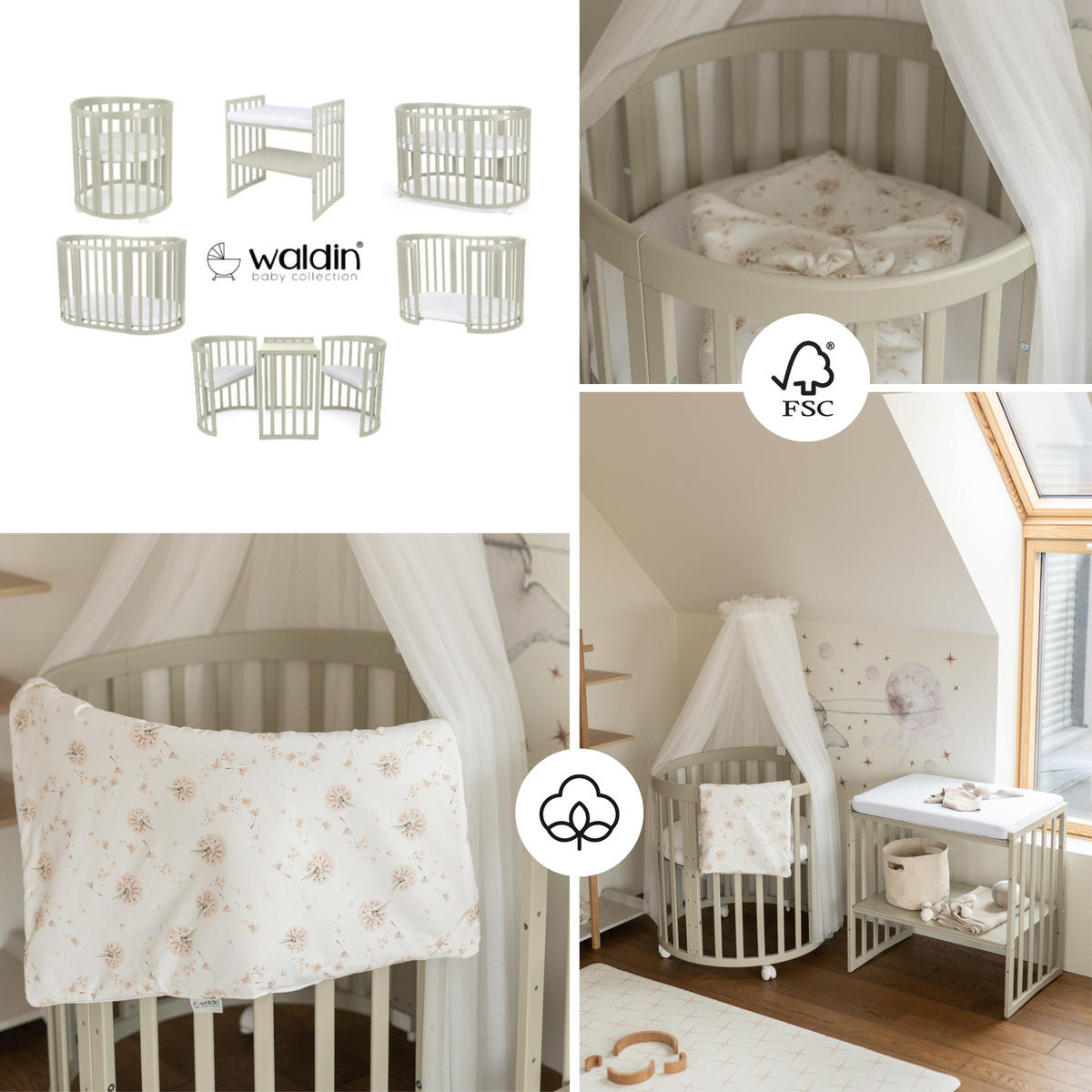 BABYBETT OLIVE OVAL 7in1 mit Matratze und Himmelset - Olivgrün/Weiß, Holz/Textil