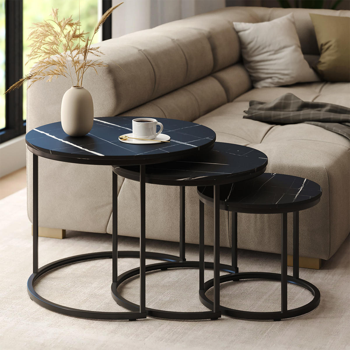 COUCHTISCH-SET Montreal Schwarzer Marmor 55 x 55 cm 3 Teile - Schwarz Hochglanz/Schwarz, Holzwerkstoff (55/55/44.5cm) - Vicco