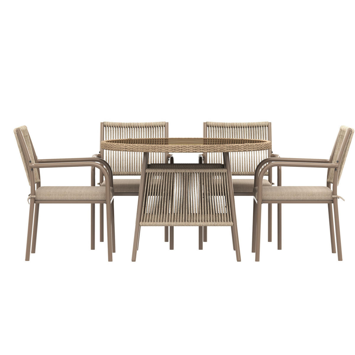 GARTENMÖBELSET 110/110/74 cm braun aus Eisen mit Glasplatte und 4 Sesseln - Braun, Metall - OKWISH