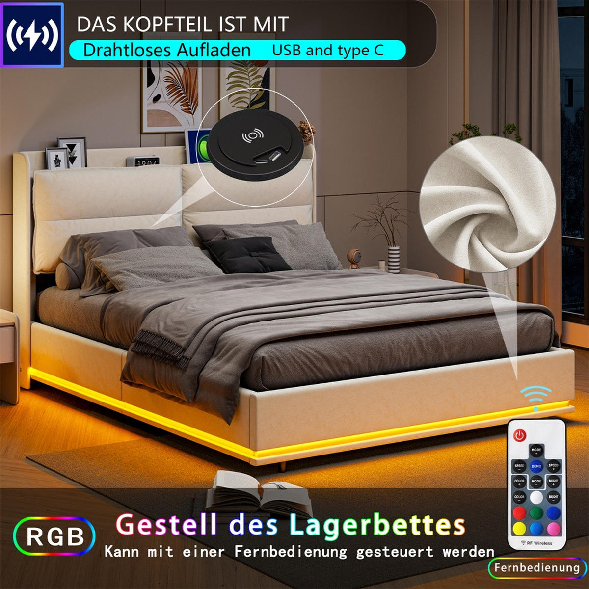 POLSTERBETT 140x200 cm - mit LED & Ladefunktion und hydraulischem Bettkasten - ohne Matratze - Off-White - Creme, Textil (140/200cm) - DELFA