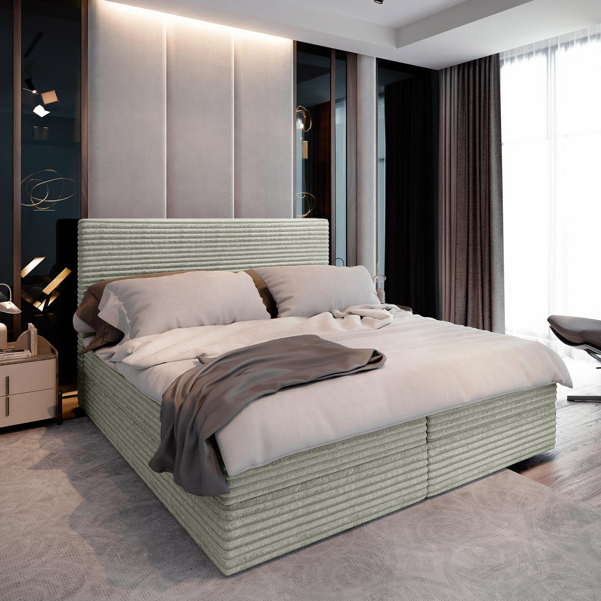 BOXBETT PISA 200x200 cm mit Matratze und Topper, H2+H3 - Hellgrau - Hellgrau, Holz (200/200cm) - MASSENO