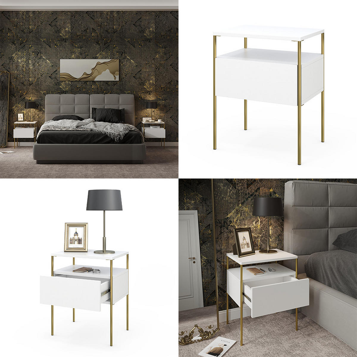 NACHTTISCH Mira Weiß/Gold 40 x 50 cm - Goldfarben/Weiß, Holzwerkstoff (40/50/30cm) - Vicco