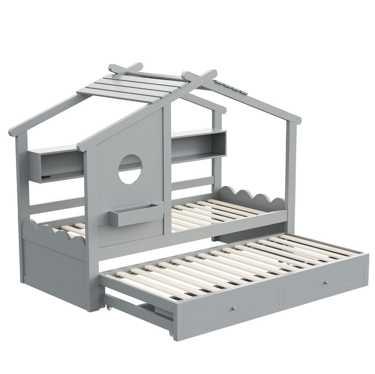 KINDERBETT 90/200 cm mit Ausziehbett 90/190 cm, LED, USB- und Typ-C-Anschluss, Schubladen und Stauraum, Grau - Grau, Holzwerkstoff (90/200cm) - Redom