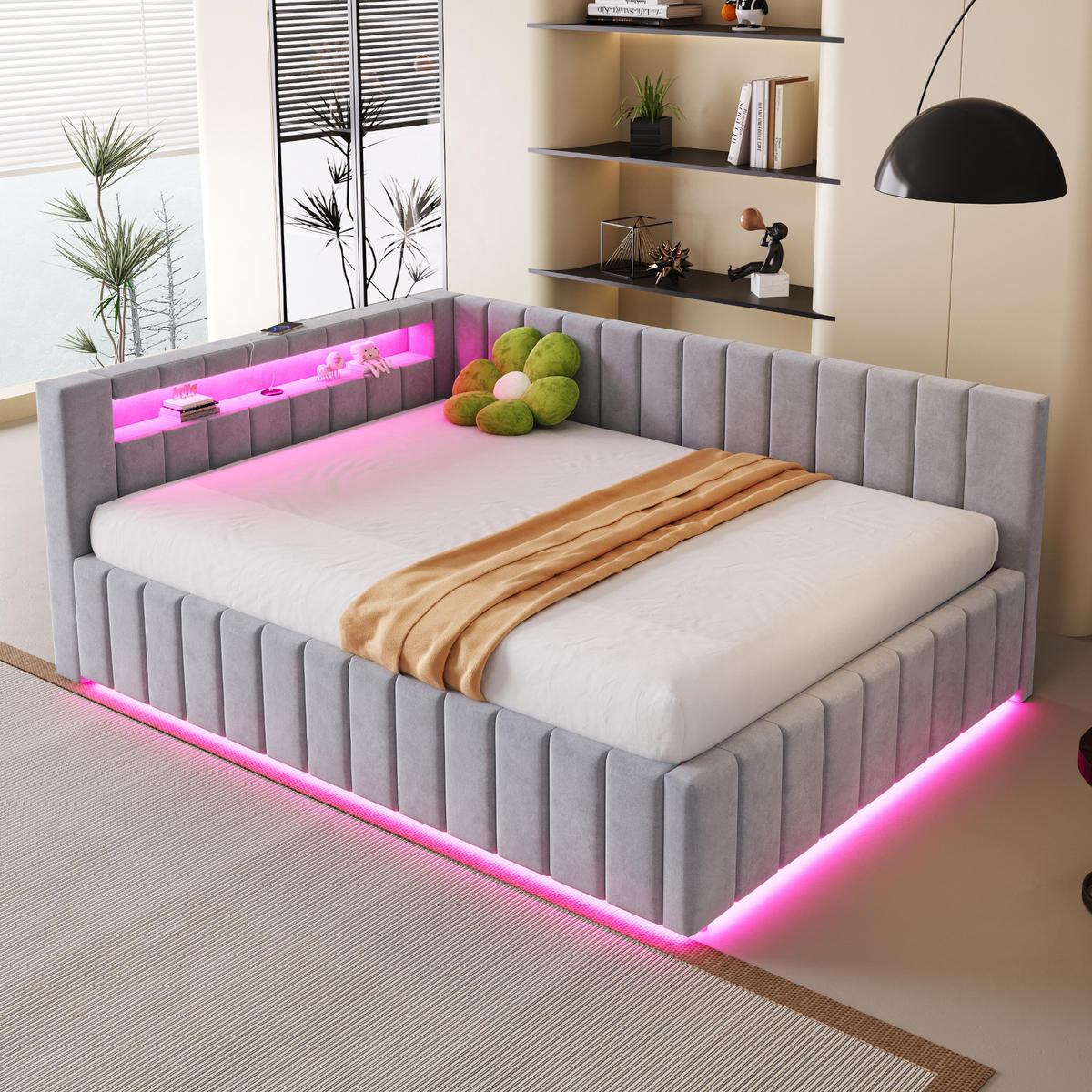 SCHLAFSOFA 140/200 cm in Hellgrau Samt mit Bettkasten, LED und USB - Hellgrau, Holzwerkstoff/Textil (140/200cm) - WISHDOR