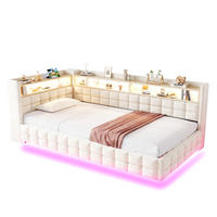 SCHLAFSOFA 90/200 cm in Beige Samt mit Bettkasten, Regal, LED und USB - Beige, Holzwerkstoff/Textil (90/200cm) - WISHDOR
