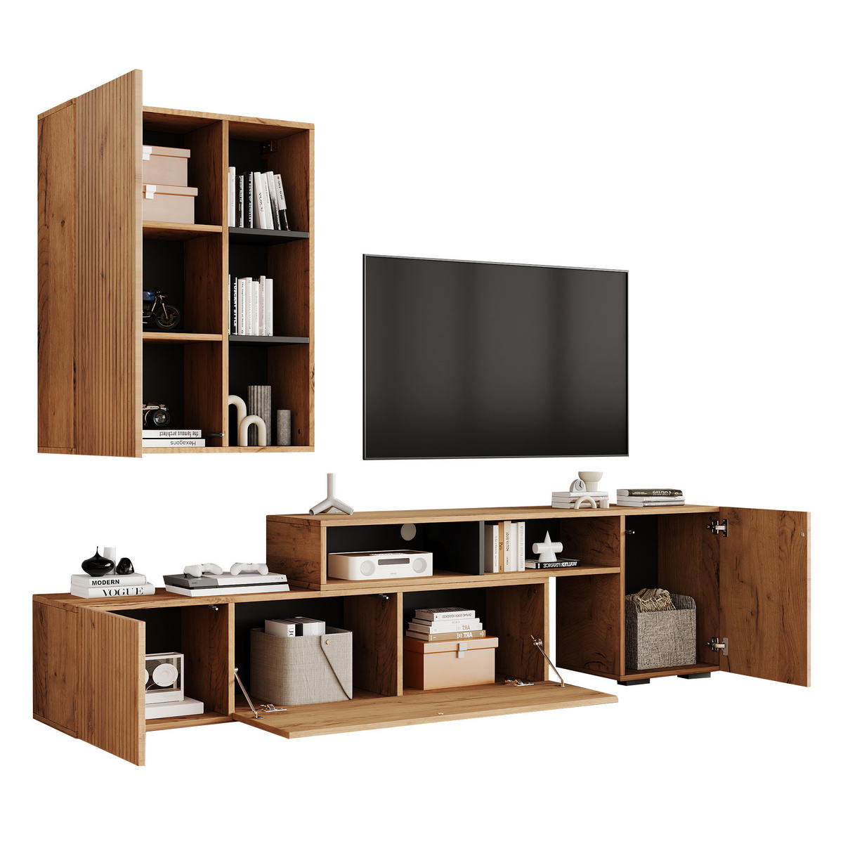 WOHNWAND 174-265/35/53,5 cm aus Spanplatte mit längenverstellbarem TV-Element Eichefarben/Schwarz - Eichefarben, Holzwerkstoff (135/53.5/35cm) - Modenvie