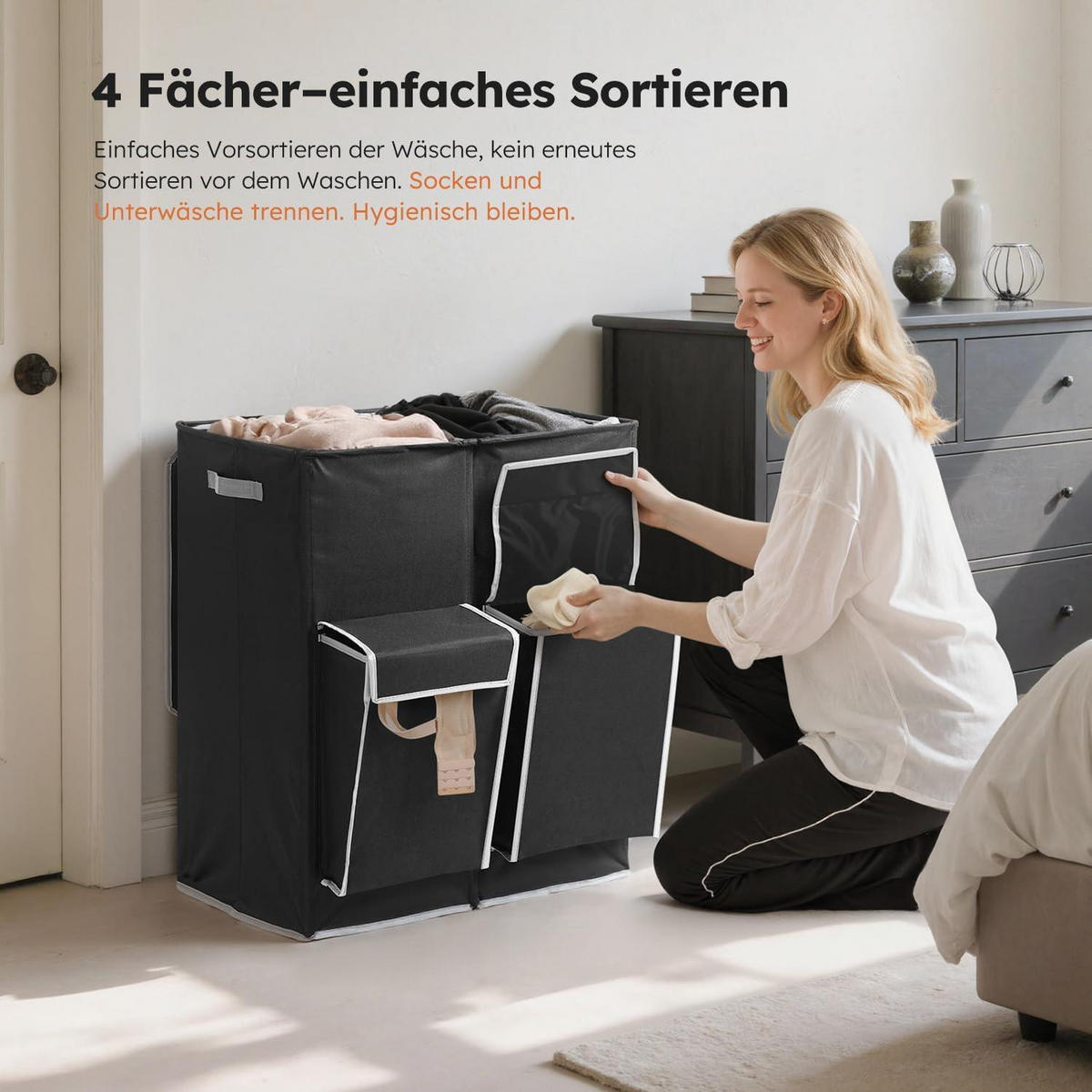 WÄSCHEKORB mit Deckel und 2 Fächern Schwarz 180L - Schwarz, Textil (39.5/70/58cm)