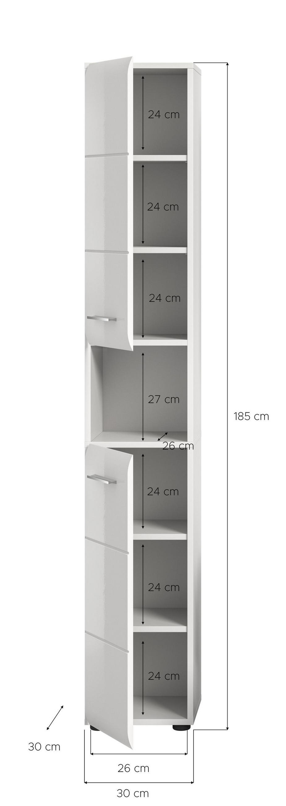 HOCHSCHRANK Alba (B/H/T: ca. 30/185/30 cm) in Weiß/weiß hochglanz - Weiß, Holzwerkstoff (30/185/30cm)