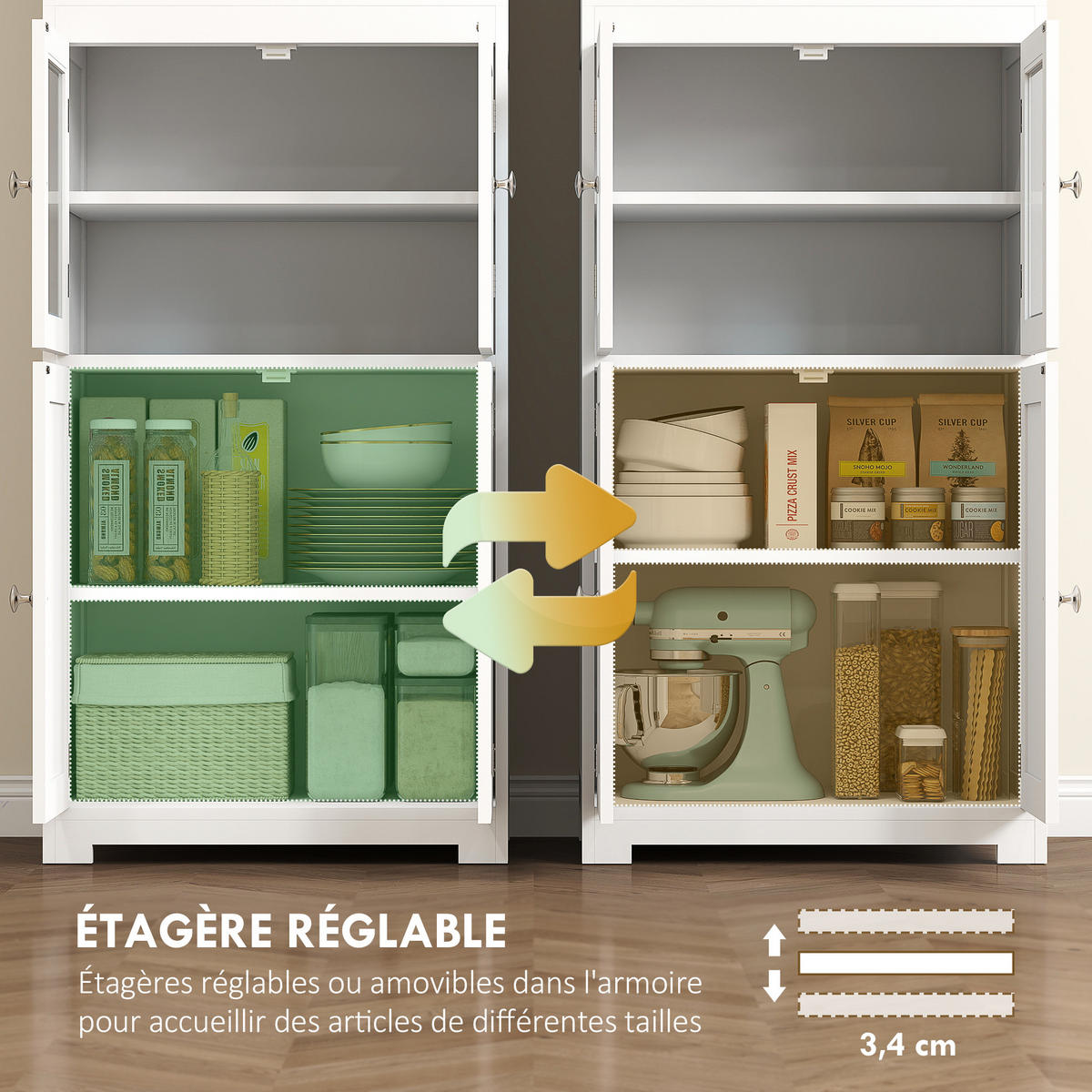 HIGHBOARD DE-11015 2 Nischen & 2 Glastüren mit verstellbaren Böden Weiß - Weiß, Holzwerkstoff (30/162/60cm) - ComfortXL