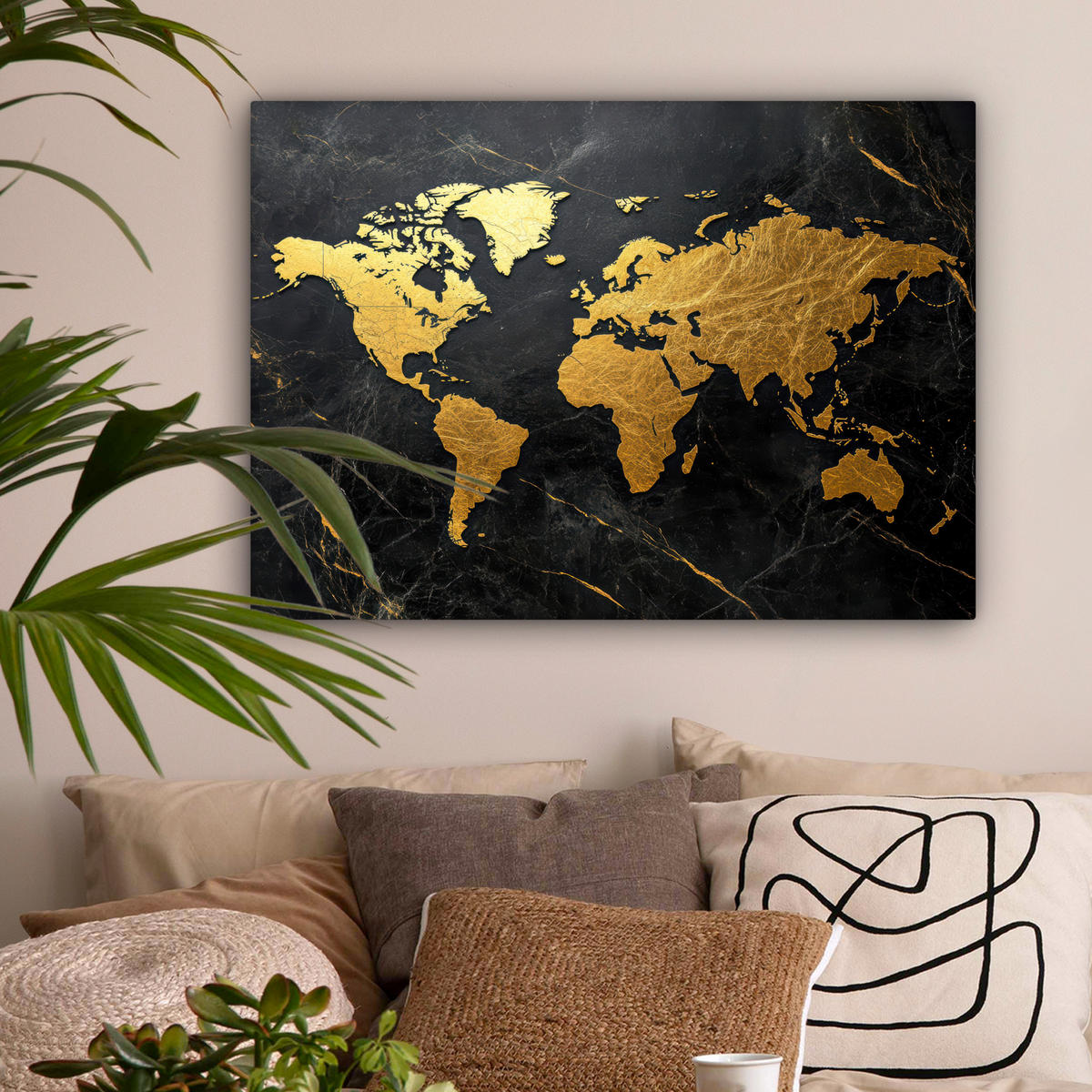 LEINWANDBILD Weltkarte - Gold - Marmor Wandbilder 80x60 cm - Goldfarben, Textil (80/60cm) - MuchoWow