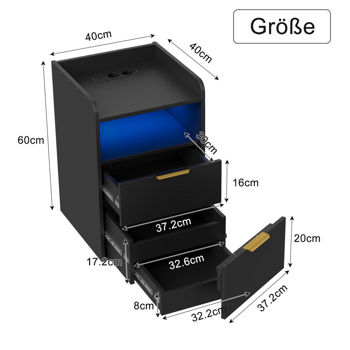 NACHTTISCH Schwarz mit 2 Schubladen, Bettseittisch mit LED-Beleuchtung und Ladeanschlüssen, 40/40/60 cm - Goldfarben/Schwarz, Holz/Metall (40/60/40cm) - BPKADHY