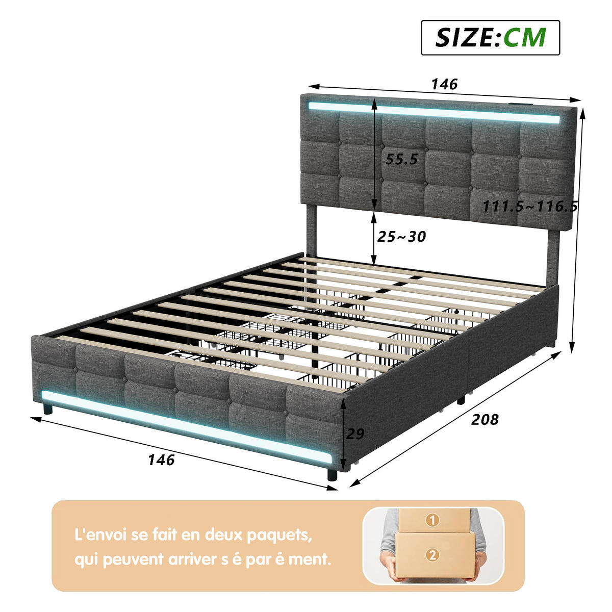 POLSTERBETT 140x200 cm LED USB 4 Schubladen Stauraum Leinen grau - Grau, Holz (140/200cm) - LEBENLANG