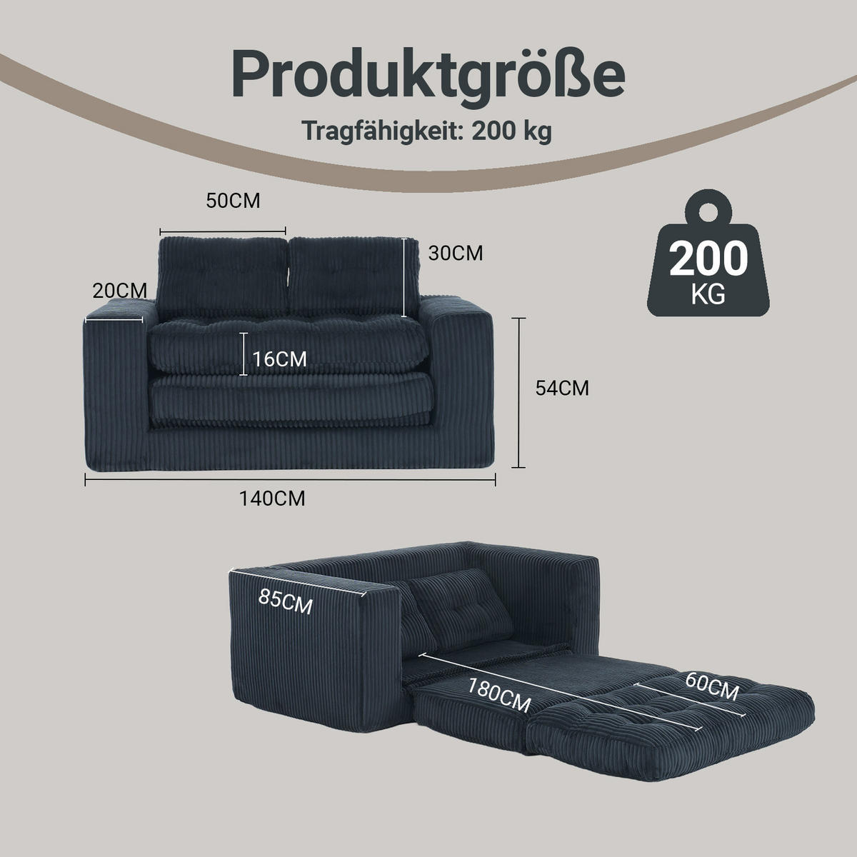 SCHLAFSOFA DE-35274 2-in-1 Schwarz - Schwarz, Textil (85/54/140cm) - ComfortXL