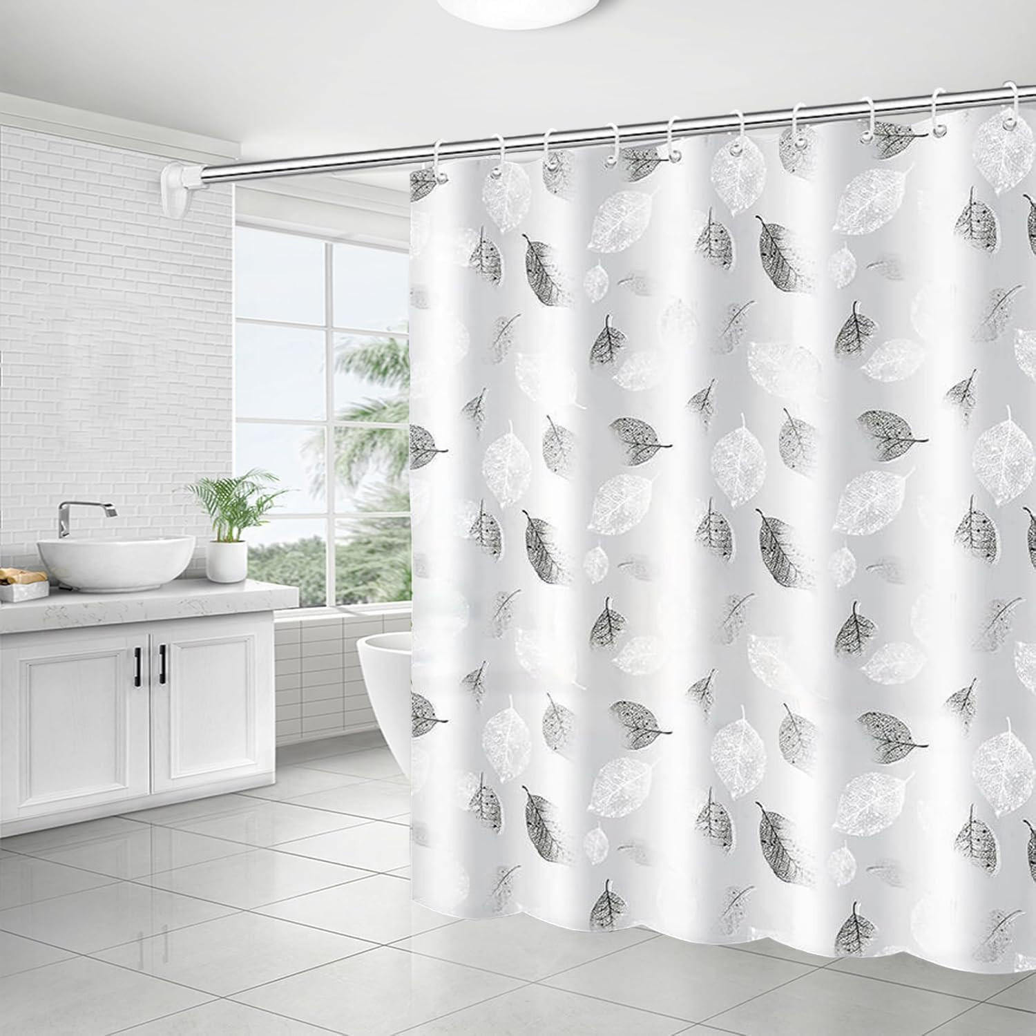 DUSCHVORHANG Stoff PEVA mit Haken waschbar schimmelresistent Blätter 180 x 200 cm - Weiß, Kunststoff (30/4cm) - MCBOSON