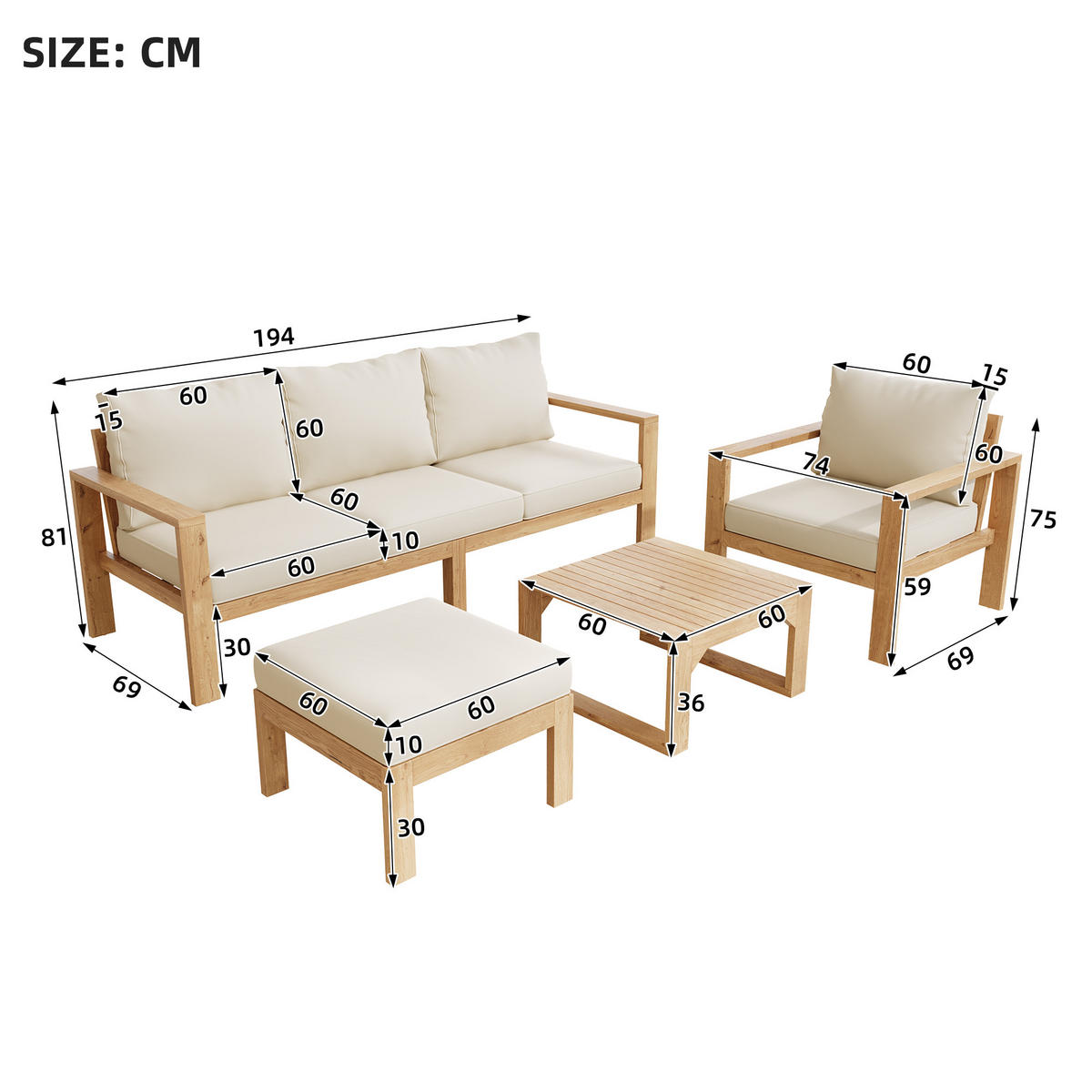 GARTENMÖBEL-SET, 4-6 Personen, Akazienrahmen, Natur/Creme - Creme, Textil - FLIEKS