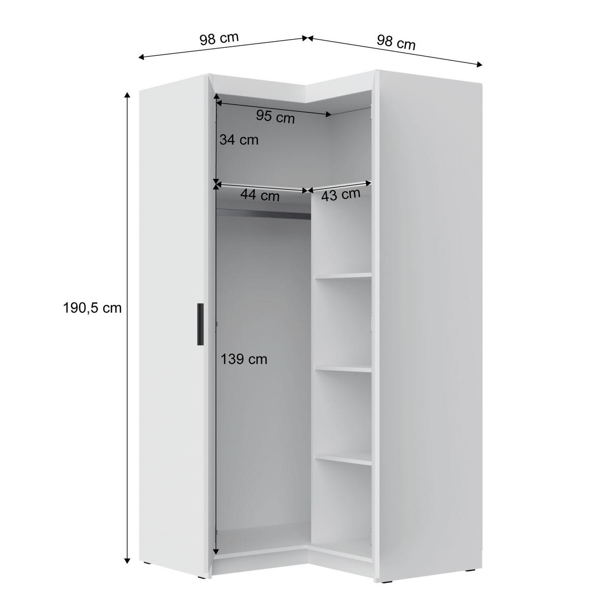 ECKSCHRANK Elena mit 2 Türen, 95x95 cm, Eiche Geölt - Hellbraun/Eichefarben, Holzwerkstoff (95/190.5/95cm) - Beautysofa