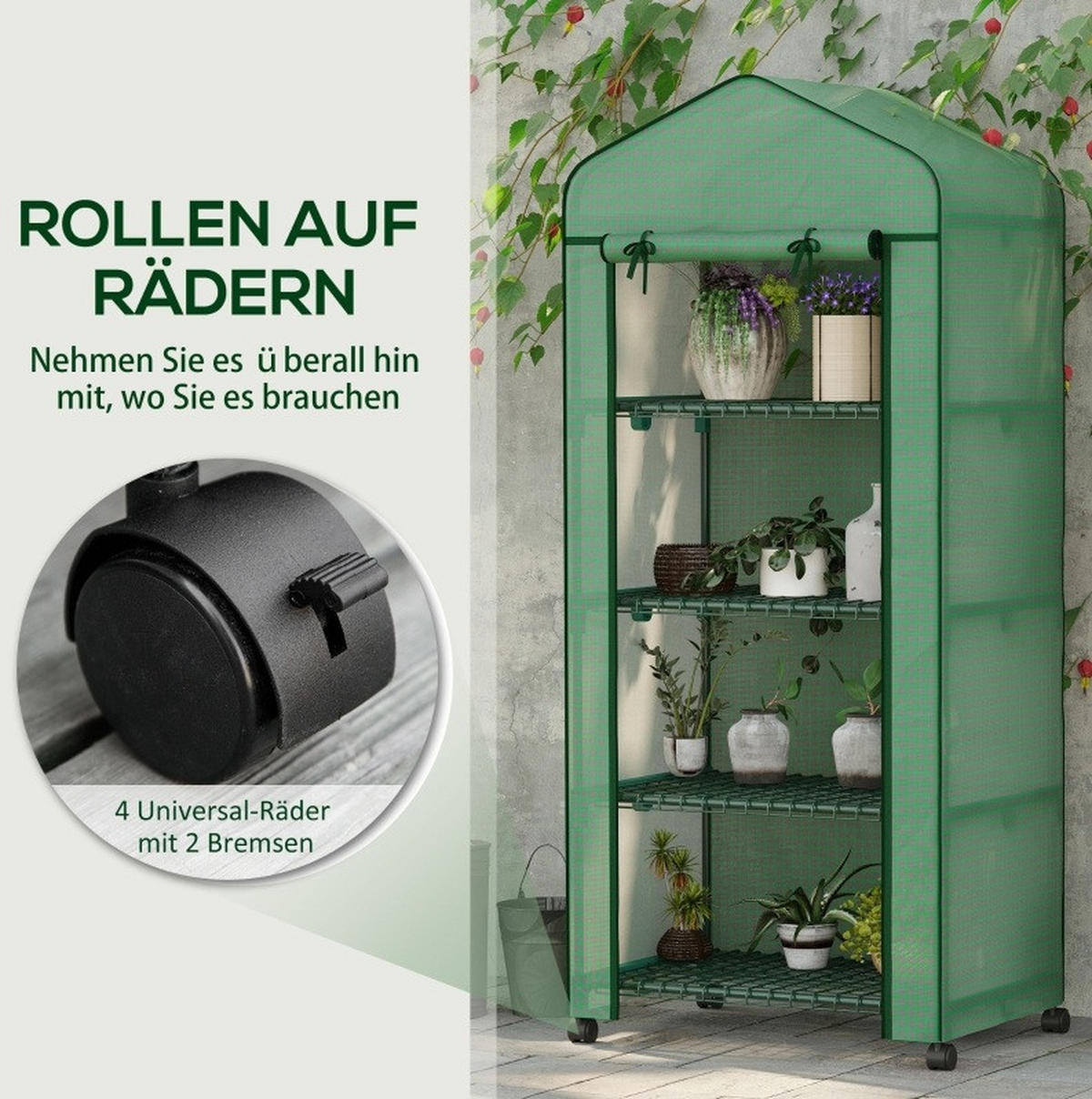 GEWÄCHSHAUS 69/165/50 cm Grün aus Stahl mit 4 Regalböden - Grün, Metall (50/165/69cm) - OKMYHOME
