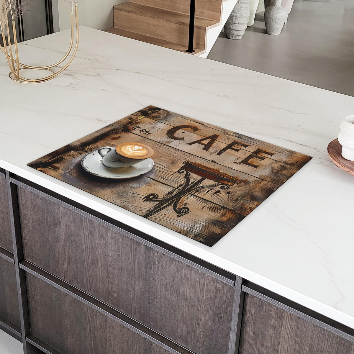 HERDABDECKPLATTE Cafe - Holz - Kaffee - Regale Induktionsmatte 77x59 cm - Schwarz, Kunststoff (77/59/0.2cm) - MuchoWow