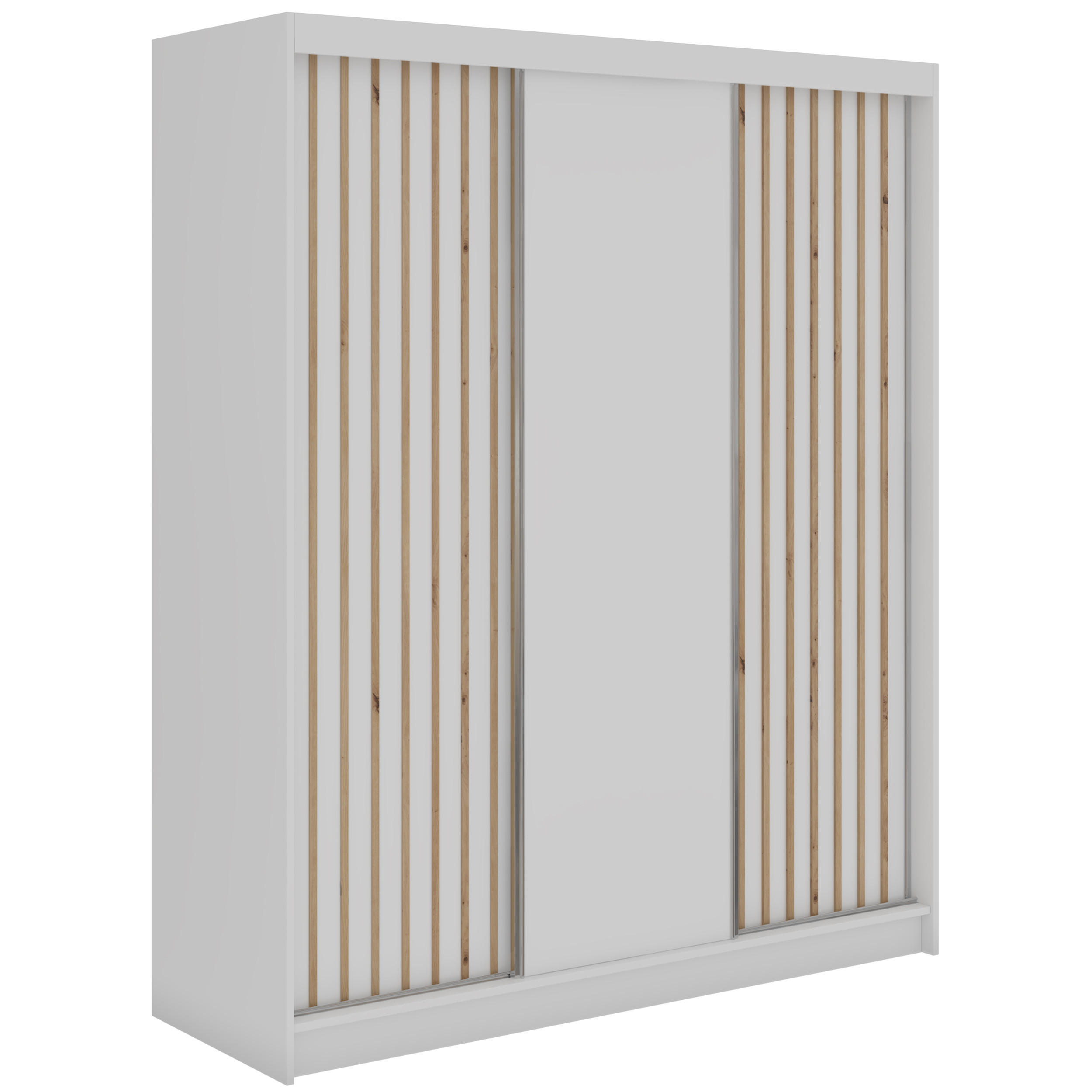 SCHWEBETÜRENSCHRANK mit Lamellen und Schubladen LUMOS - 180 - Weiß und Eiche Artisan - Alufarben/Weiß, Holzwerkstoff/Metall (180/216/61cm) - MKS