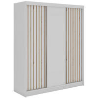 SCHWEBETÜRENSCHRANK mit Lamellen und Schubladen LUMOS - 180 - Weiß und Eiche Artisan - Alufarben/Weiß, Holzwerkstoff/Metall (180/216/61cm) - MKS