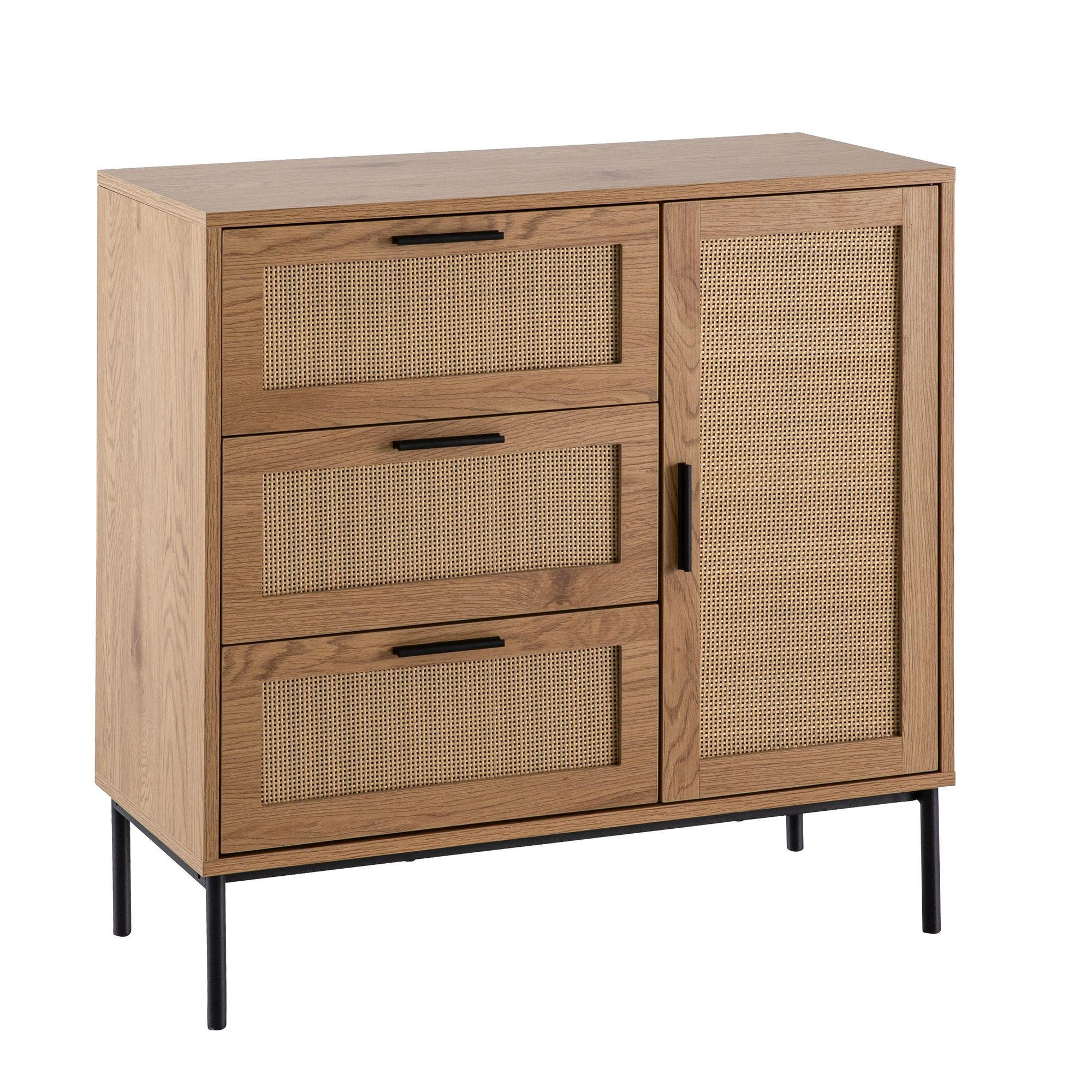 KOMMODE – Eiche-Dekor/Rattan, 80x82x36 cm, 3 Schubladen, 1 Tür, modern - Schwarz/Braun, Holzwerkstoff/Metall (80/82/36cm) - KADIMA DESIGN