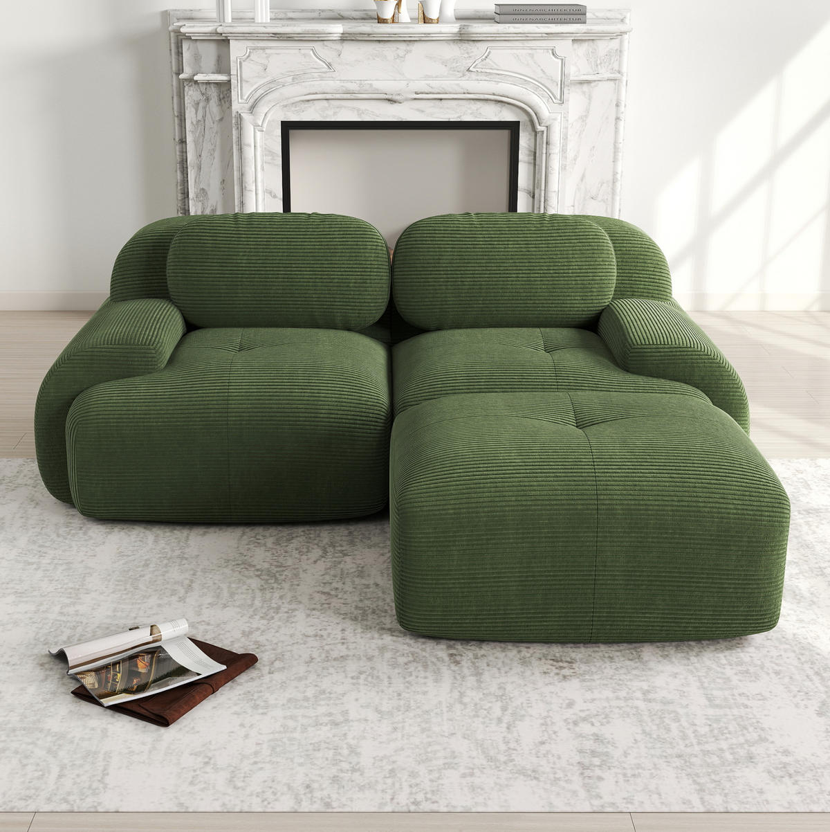 ECKSOFA in Grün aus Cordstoff, modular, rahmenlos und ohne Montage - Grün, Textil (178/208cm) - Flora Grace
