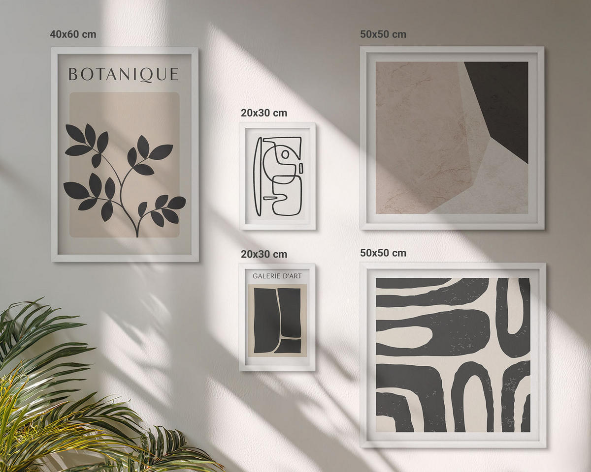 BILDER SET 5er Set - 50x50 cm & 20x30 cm & 40x60 cm Weißer Rahmen - Abstrakte Boho-Musterformen - Weiß, Kunststoff (40/60cm) - TULUP