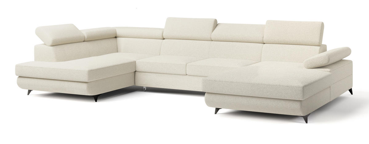 WOHNLANDSCHAFT RUBANO L-S Creme Boucle-Stoff mit Schlaffunktion - Creme, Holz (339/89/190cm) - MASSENO