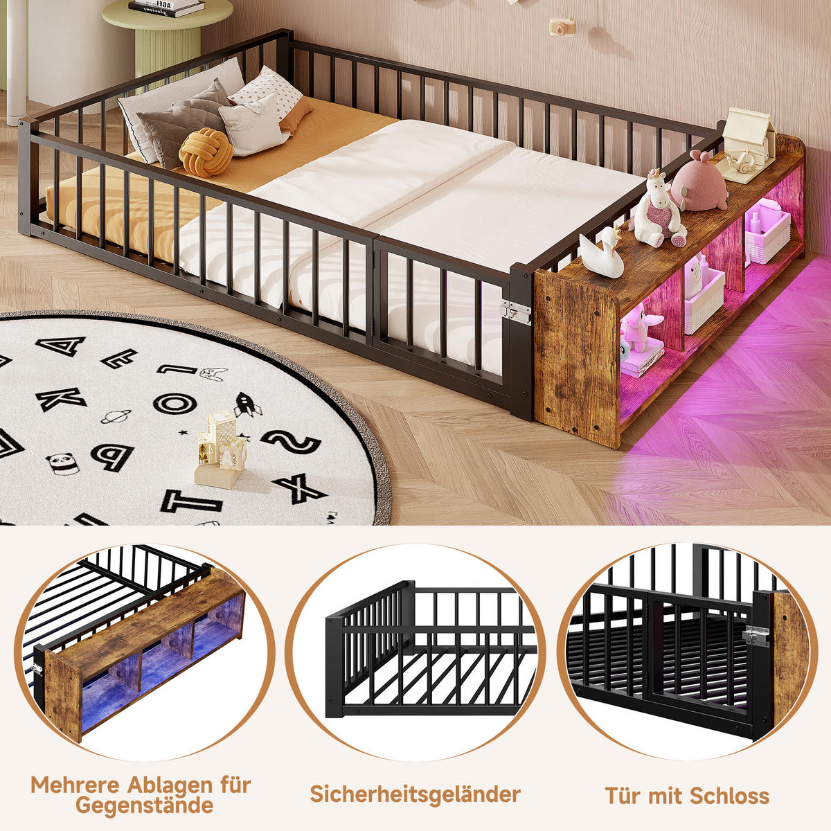 METALLBETT 140x200 cm LED schwarz - Schwarz, Holzwerkstoff (140/200cm) - LEBENLANG